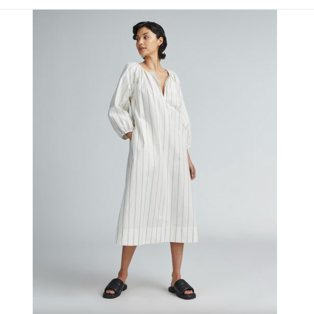 NWOT-Everlane Women's S The Raglan Sleeve Poplin Striped Midi Dress Beige